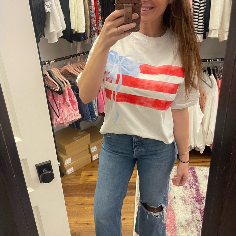 White T-Shirt with Red and Blue Stripes